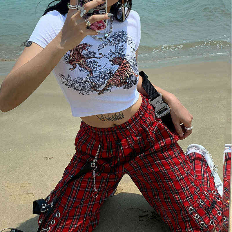 HOUZHOU Punk Cargo Plaid Pants Women Gothic Harajuku Red Checkered Wide Leg Trousers For Female Autumn Streetwear Hippie Fashion 211115