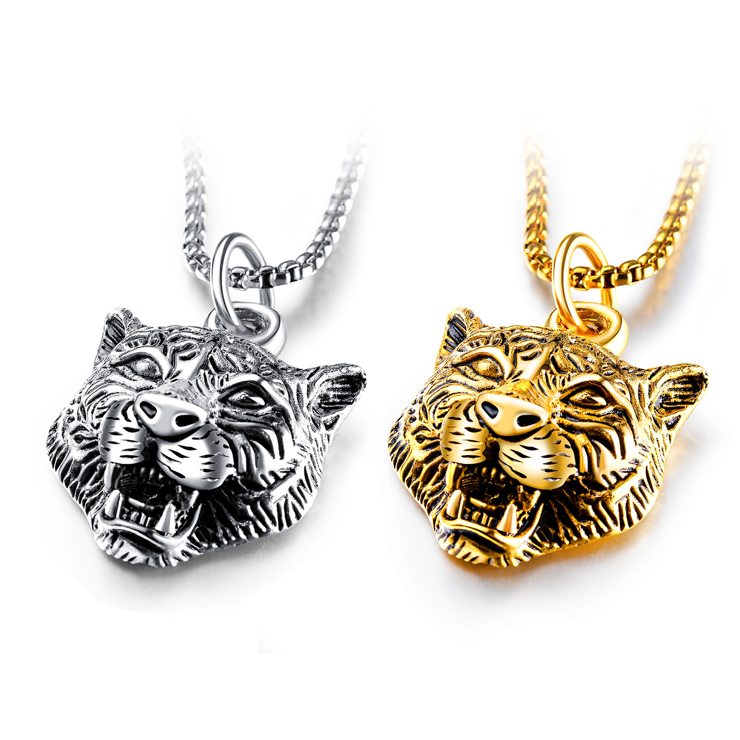 Men's Stainless Steel Pendant Necklace Animal Domineering Tiger Biker with Rolo Chain