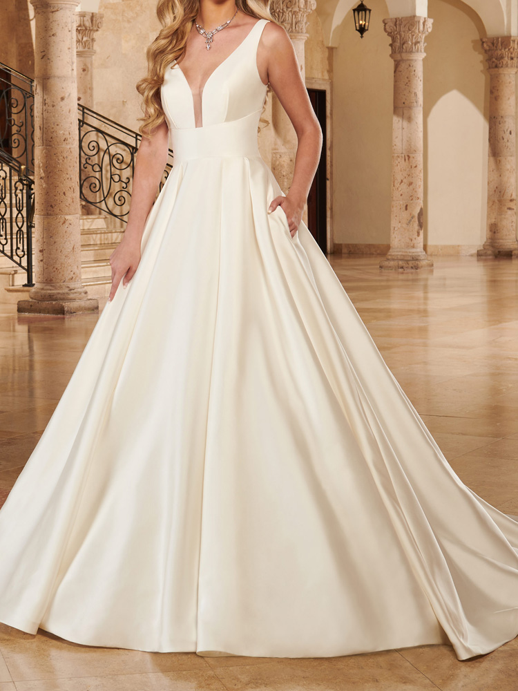 Ivory Satin Wedding Dress Sheer neckline Sweep Train Bridal Gowns with Side Pockets
