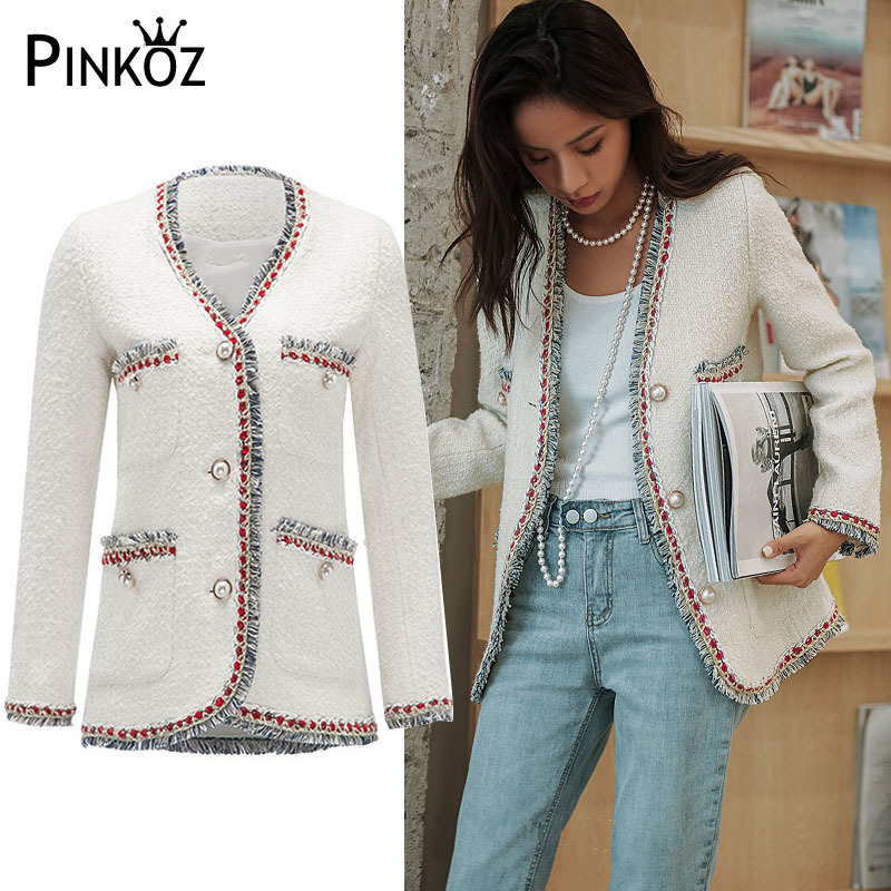VintageTassel Tweed Jacket Coat Women Pearls Button Elegant White Jackets Pocket Loose Vintage Plaid Outwear Chic 210421