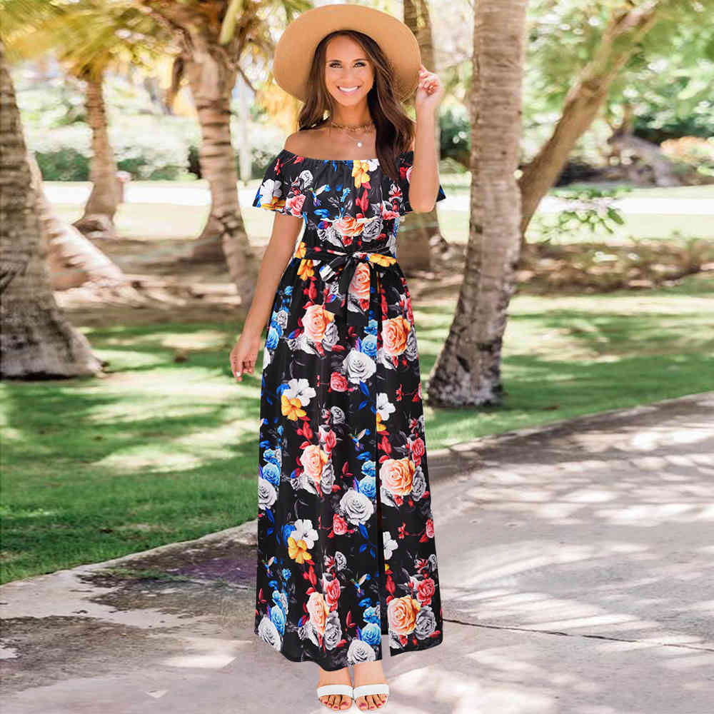 Women Dress Printed Bohemia Sexy Long Print Maxi es Slash Neck Off Shoulder Lace Up Loose Casual Beach es 210513
