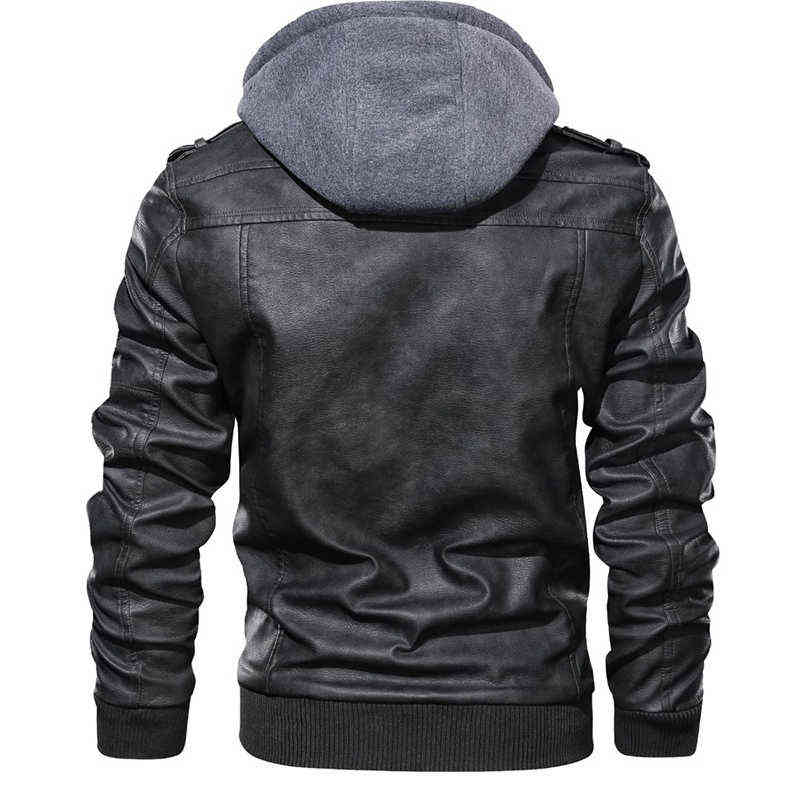 Mens Outwear Bomber Vintage Autumn Black PU Leather Casual Jacket Slim Fit Motorcycle Biker Coats Removable Hood 211110