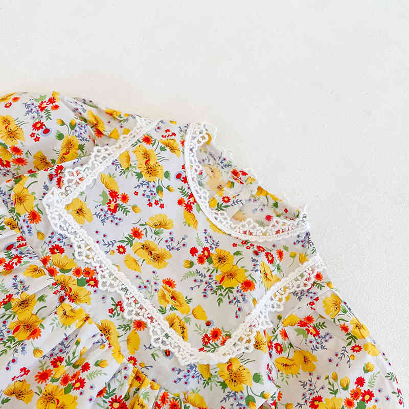 Baby Girls Yellow Flower Rompers Kids Clothing Spring Autumn Toddler Girl Long Sleeve Printing 210429