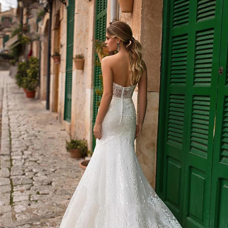 Beautiful Simple Bridal Mermaid Wedding Dress Appliques Lace Tulle Custom Made Backless Floor Length Strapless Vestido De Novia