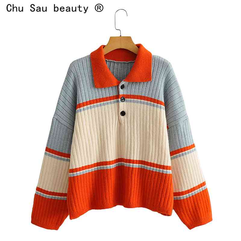 autumn winter chic Vintage Polo collar knitted cardigan women pullover loose shoulder sleeve striped sweater jacket top 210508