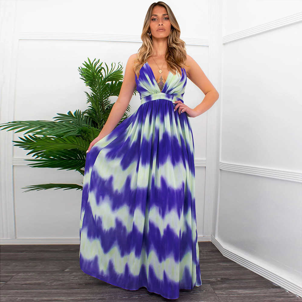 Summer Women Beach Maxi Dress Casual Gradient Striped Print High Waist Backless Sexy V Neck Suspender Boho Long Dresses 210526