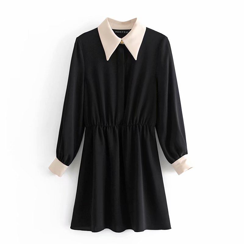 Casual Woman Black Patchwork Dress Fashion Ladies Autumn TurnDown Collar es Female Elegant Long Sleeve 210515