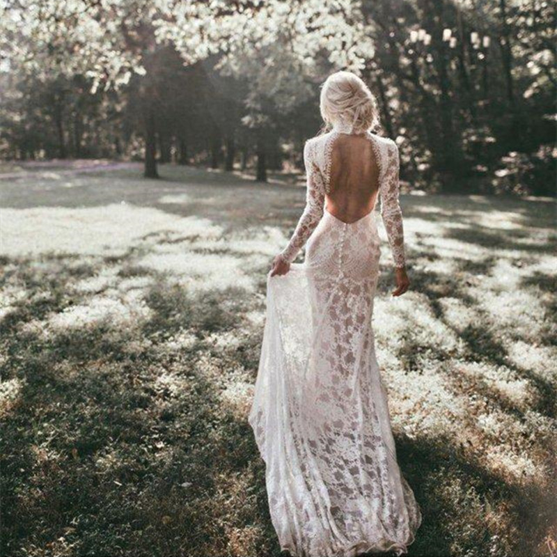 Vintage High Collar Lace Mermaid Wedding Dresses Bridal Gowns 2022 Sexy Backless Buttons Long Sleeves Boho Beach Bride Dress Custom Made