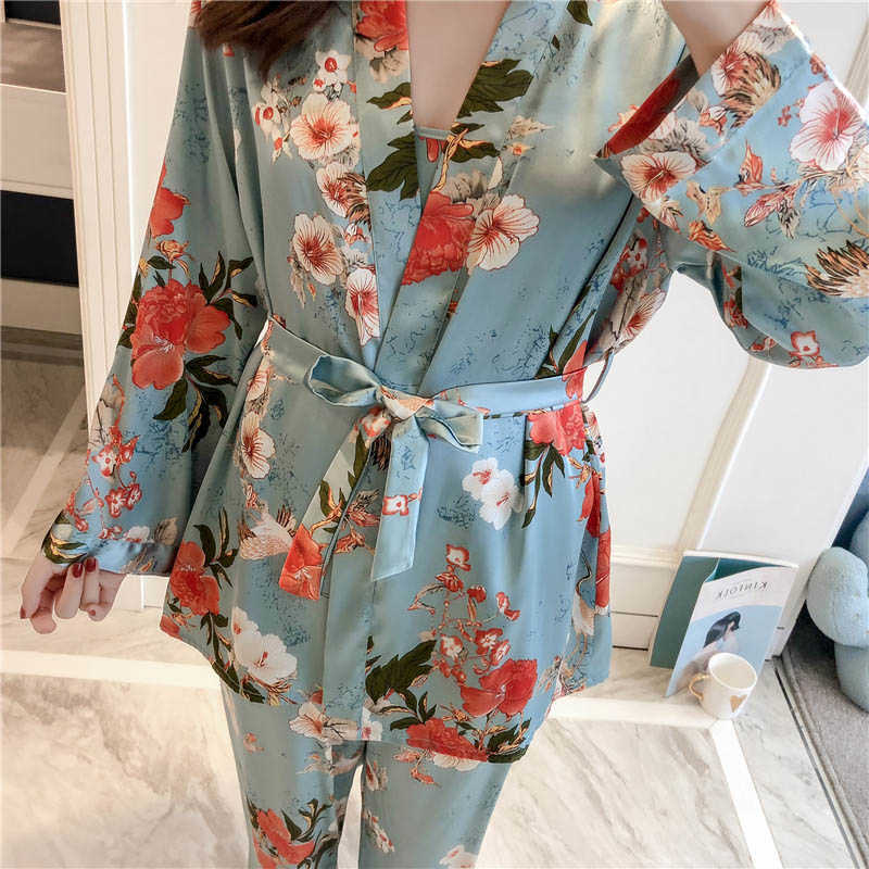 3PCS Women Pajamas Set Lady Emulation Silk Pyjama Sets Flower Sleepwear Female Leopard Satin Homewear With Removable Padded 210924