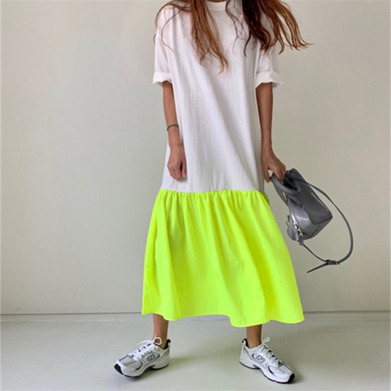 Summer Korea Long Dress Women White Green Patchwork Casual O Neck Short Sleeve Straight Party 210615
Summer Korea Long Dress Women White Green Patchwork Casual O Neck Short Sleeve Straight Party 210615