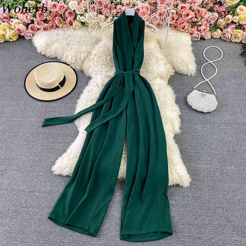 Elegant Jumpsuit Women OL Temperament Rompers Summer Halter V-neck Lace Up Bodysuit Slim Wide Leg Pants Playsuit 210519