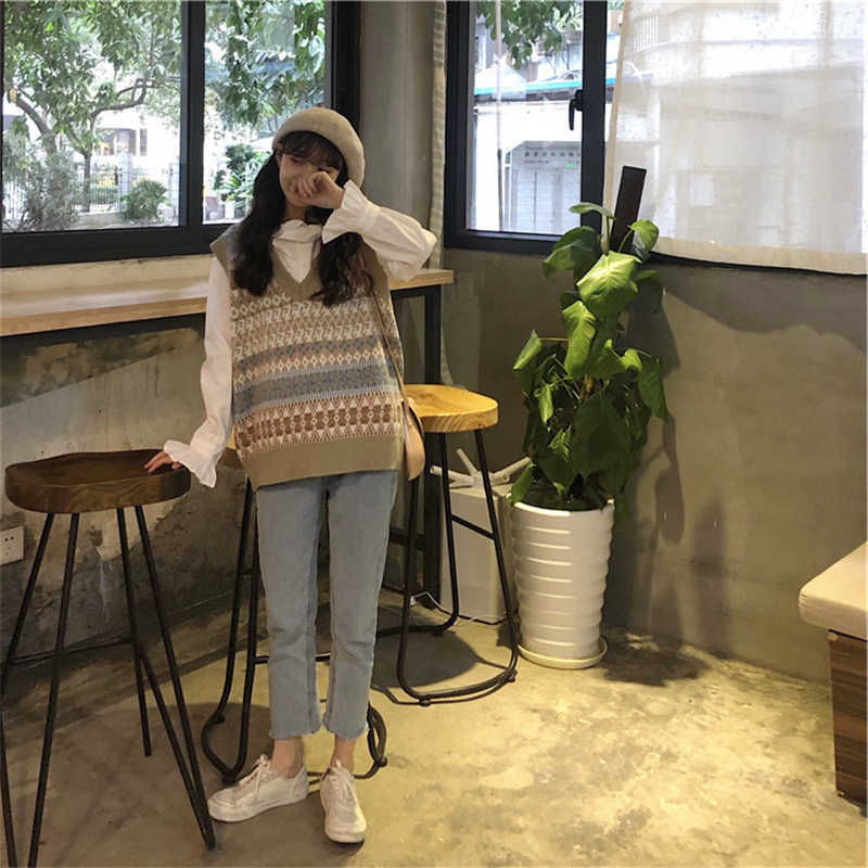 Retro Sweater Vest Women Autumn V-neck Knitted Sleeveless Pullover Vest Preppy Girl Tops Waistcoats Stripe splicing Khaki 210702
