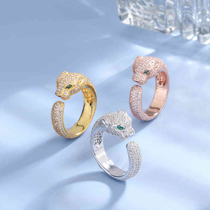 S925 Sterling Silver Leopard Head Ring Full of Diamond Cheetah Male and Female Opening Accessories