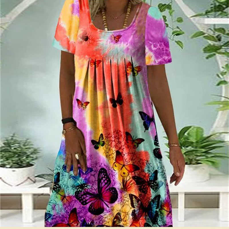 Women's Summer Autumn Short Sleeve Round Neck Pleated Printed All-Match Dress Women Fashion Casual Loose Dress 210630