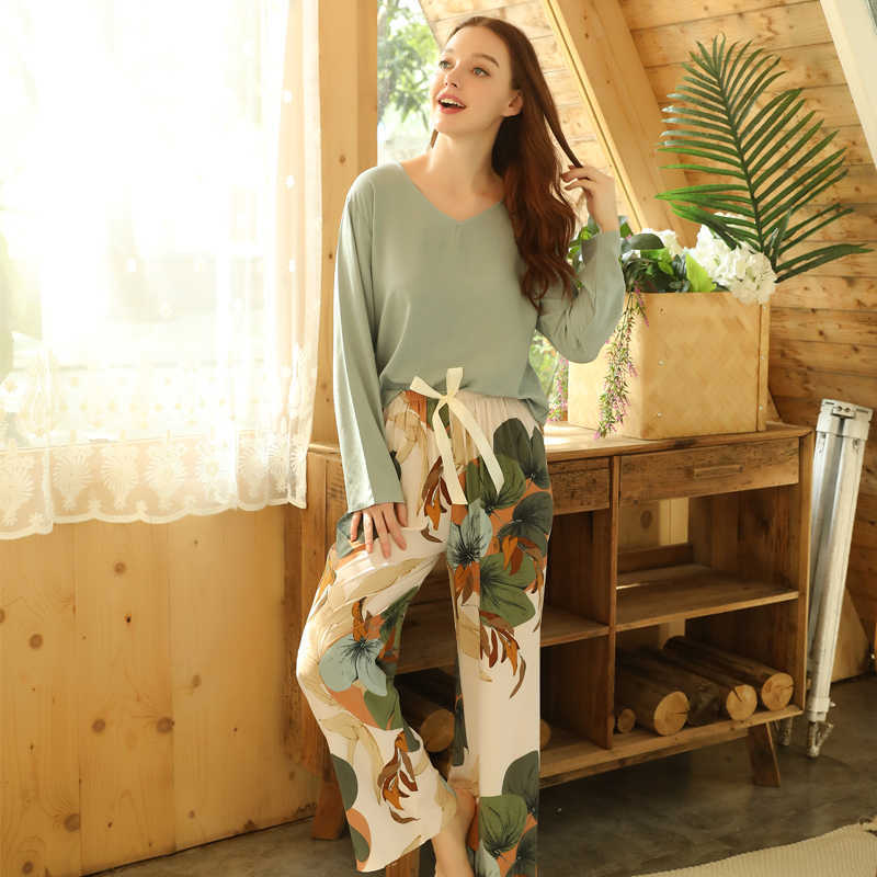Spring Summer Floral Printed Pyjama Sleepwear Female Casual V Neck Long Sleeve Elastic Waist Nightwear Retro Women's Pajamas Set 210924