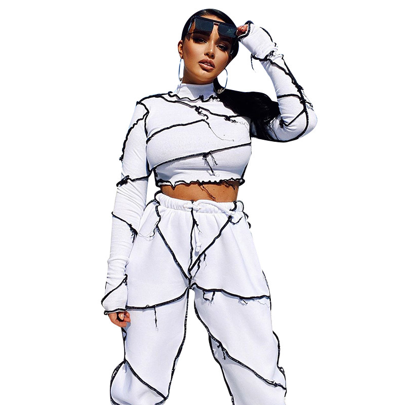 Women Sets Sexy Pants Long Sleeve Stand Collar Crop Top Drawstring Two Piece And Spring 210513