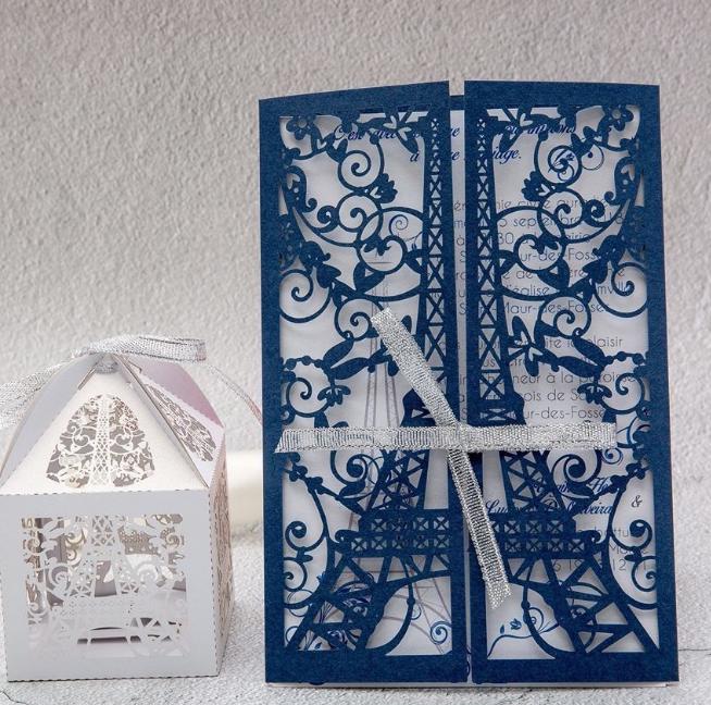 2021 Blue Shimmer Laser Cut Eiffel Tower Wedding Invitation with Glittery Belly Band Anniversary Invites 20+Color Available Free Printing