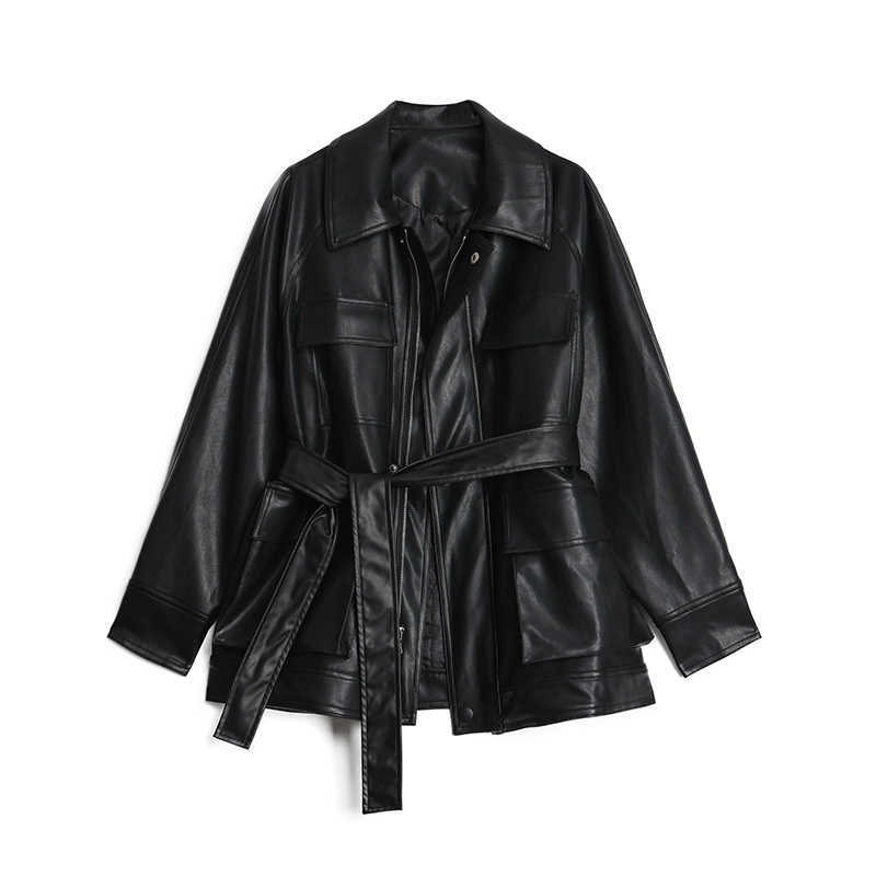 LY VAREY LIN BF Style Loose Faux Leather Jacket Women Vintage Long With Belt Ladies Motorcycle Biker 210526