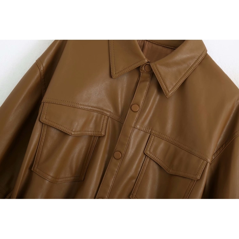 Long PU Leatehr Coats Autumn Fashion Pockets Ladies Casual Waist Belt Female Jacket Brown Girls Coat 210430
