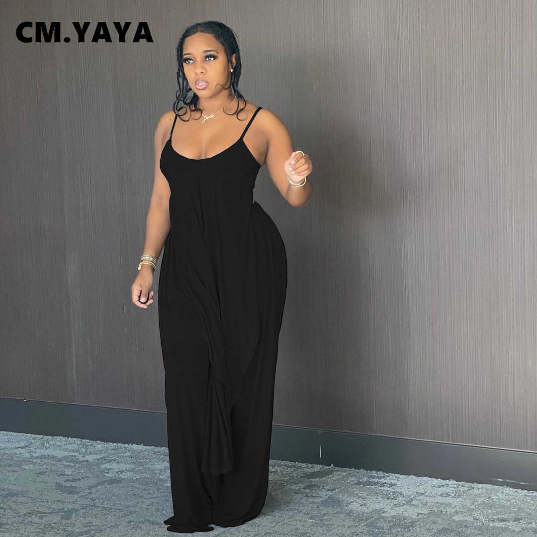 CM.YAYA Women Sets Solid Sleeveless Spaghetti Strap Back Hollow Out X-long Tops Loose Floor-length Pants 2 Piece Set Summer 2021 Y0625