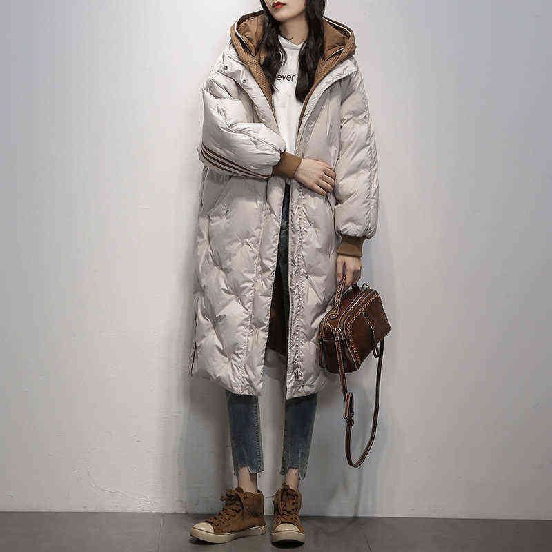 Hooded 90 White Duck Down Coat Women Long Jacket Winter Loose Down Jackets Female Overcoat Fashion Thick Parkas Lady Outwears 211221