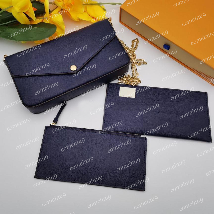 Fashion Designer Embossed Leather Pochette Felicie Bag Clutch Handbag 64065 3pcs Set Women Genuine Leather Woc Pocket 61276 CrossBody Shoulder Chain Bag with Box