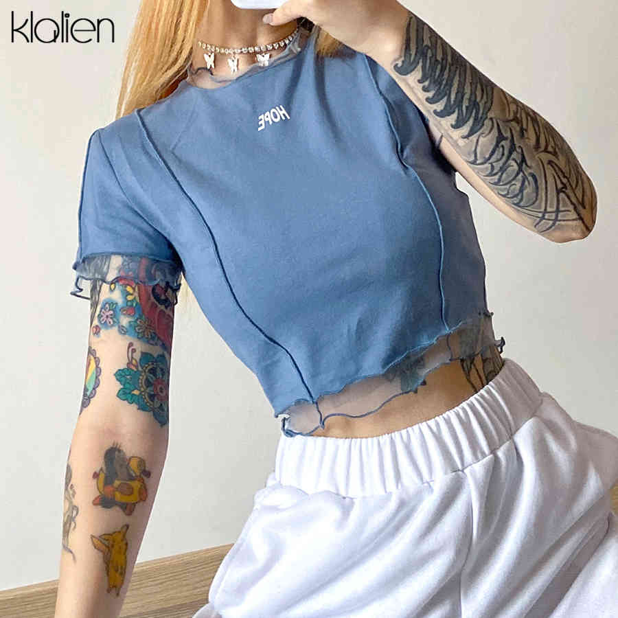 KLALIEN Leisure Women Cotton T Shirt Summer High Street Fashion Simple Print Letter Patchwork Female T shirt Wild Slim Top Lady 210322