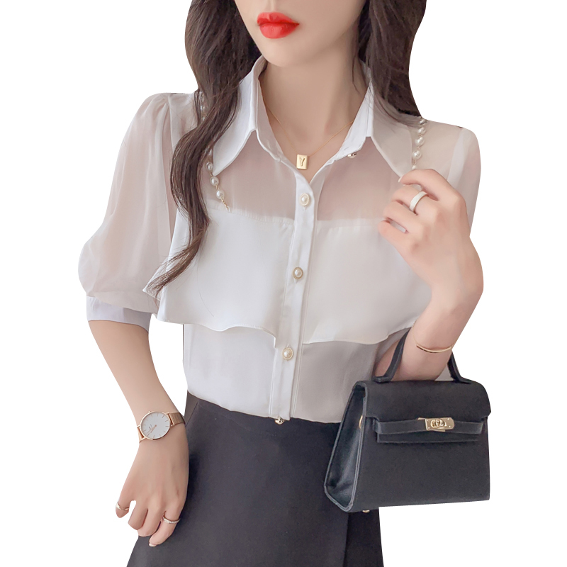 Summer Korean Female Pearl Chain Ruffled Chiffon Stitching Blouse Single Breasted Shirt For Women Fairy Tops 210515