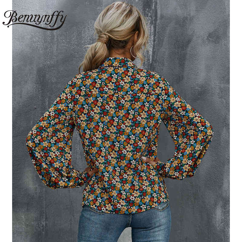 Turn-down Collar Bishop Sleeve Floral Shirt Top Women Spring Button Up Long Office Lady Casual Print Shirts 210510