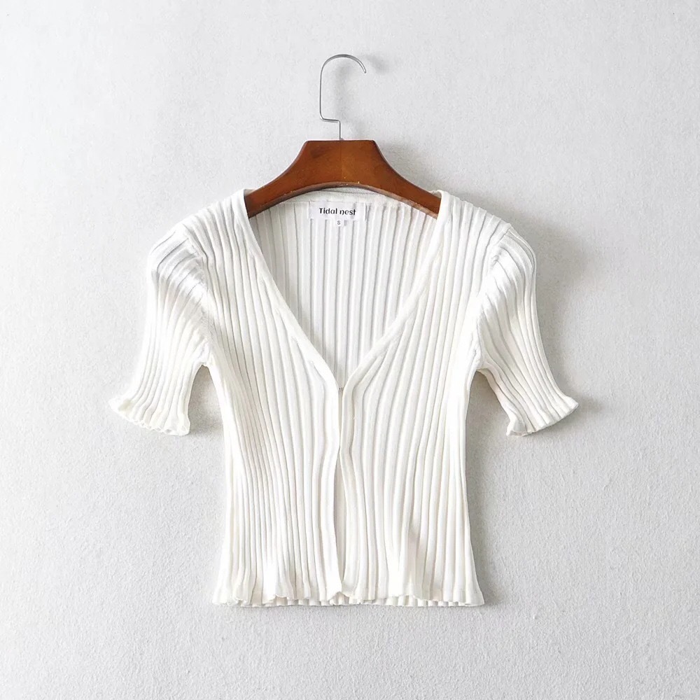 AA Wood ears Covered Buttons V neck Short sleeve Sweater Women Knitted Tight Cardigan Front Slit Slim Cropped 210429