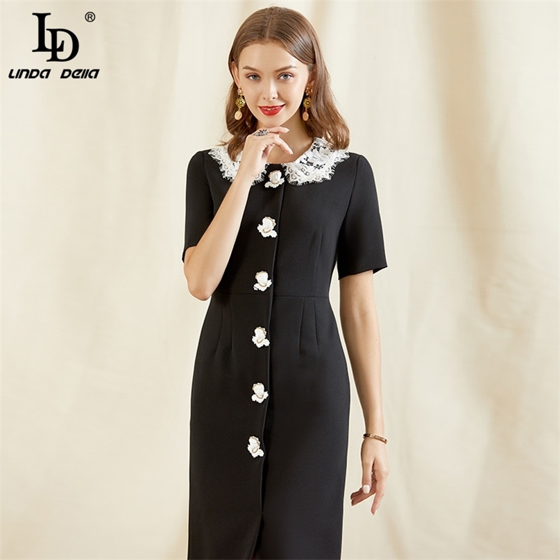 Fashion Runway Summer Dress Women Short Sleeve Flower Button Beading white Lace Patchwork Slim Ladies Black 210522