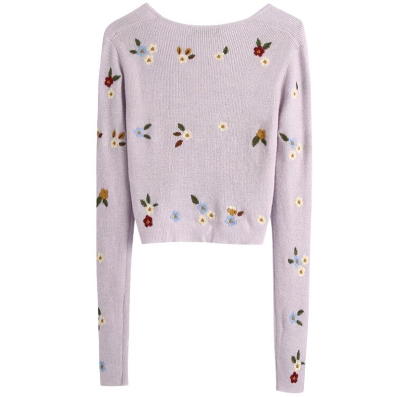 Spring CHIC French Knitting Embroidery Crop Cardigan Sweater Retro Woman V neck Long Sleeve Flower Jumper Short Knitwear 210429