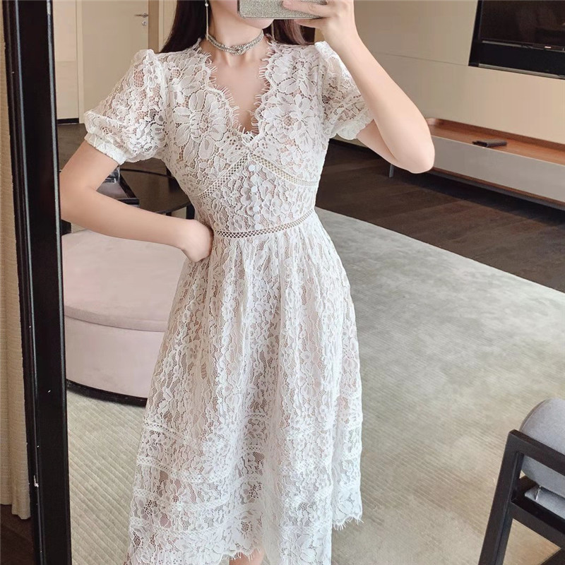 Arrived Summer Lace Dress For Woman Hollow Out V-Neck Vestidos Elegant Vintage Single-breasted Long Female 210519