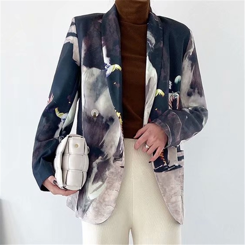 Vintage Women Pocket Print Blazers Fashion Ladies Striped Patchwork Coats Causal Female Chic Double Breasted Jacket 210527