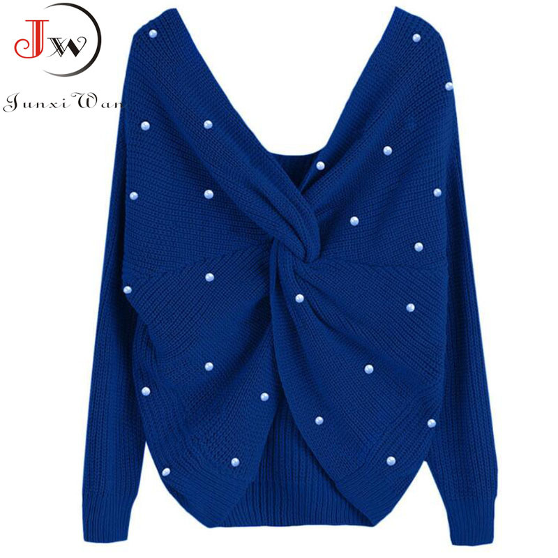Autumn Winter Fashion Sweater Women Back Criss Cross Beading Knitted Pullovers Jumper Knitwear Soft Warm Pull Femme 210510