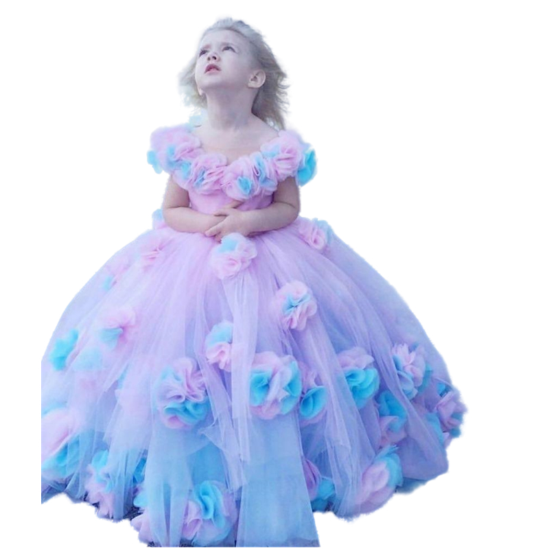 Cute Princess Flower Girls Dresses Kids Toddler Formal Wear Hand Made Flowers Birthday Christmas Wedding Party Events Girls Pageant Dress