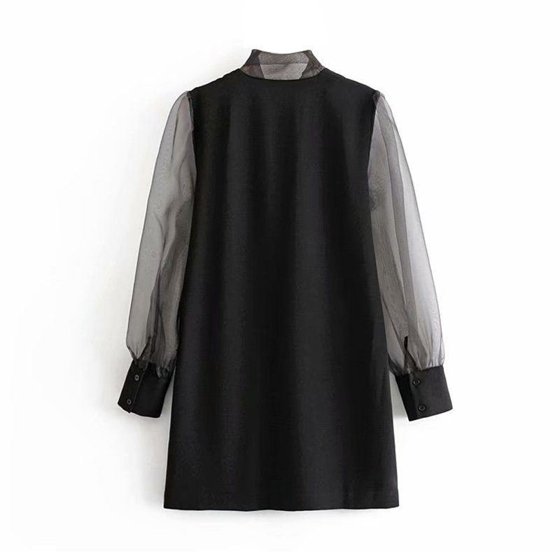 Women Fashion Solid Mini Dress Bow Tie Collar Transparent Black Girl Summer Long Sleeve Casual Sundresses Ropa Mujer 210515