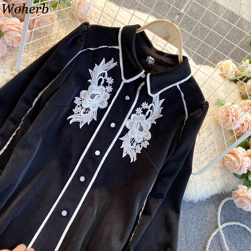 Temperament Top Lady Vintage Lantern Sleeve Blouses Women Loose All-match Embroidery Shirts Chic Black Blusas Mujer 4H229 210519