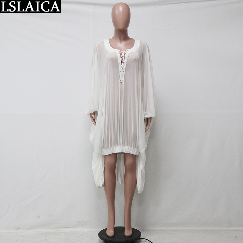 Sale Clothing Fashion Casual Mesh See-through Dress Beachwear Personality Flare Sleeve Deep VNeck Strappy Shirt Summer 210515