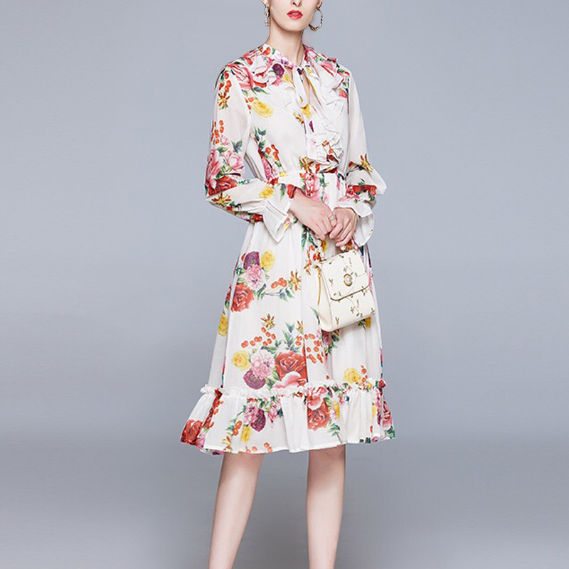 ruffles ruched flower printed midi dress elegant lady white chiffon boho dresses casual party plus size robe vestidos 210421