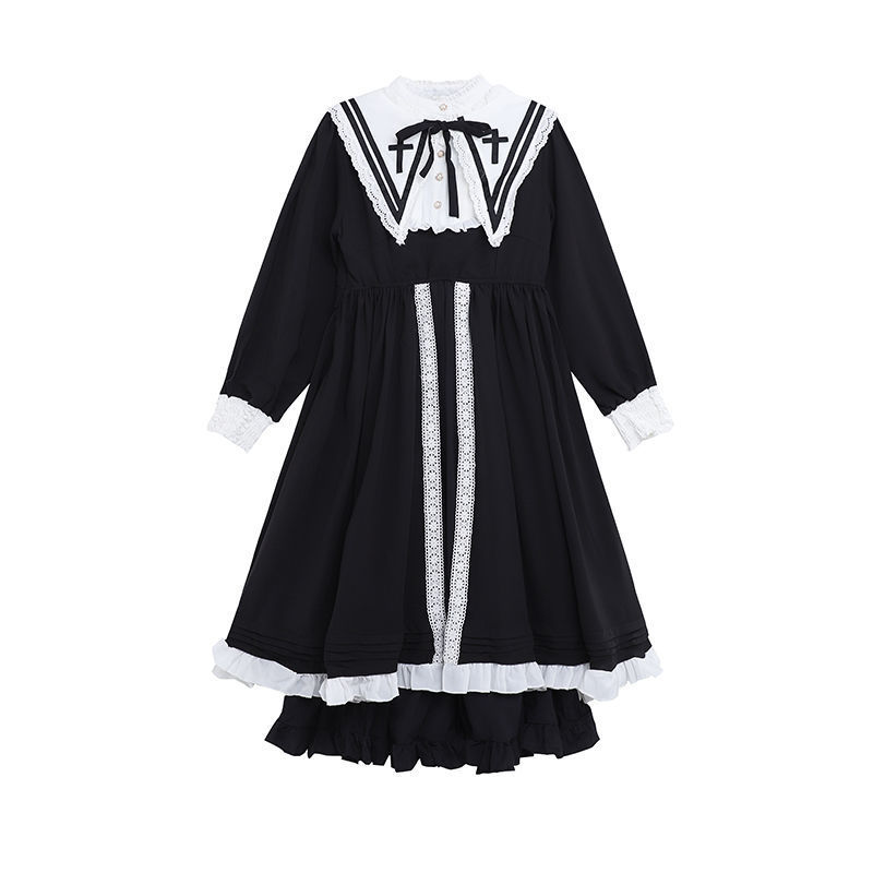 Black Vintage Dress Women French Elegant Gothic Lolita Dress Female Lace Long Sleeve Stand Evening Party Dress Korea Autumn 210521