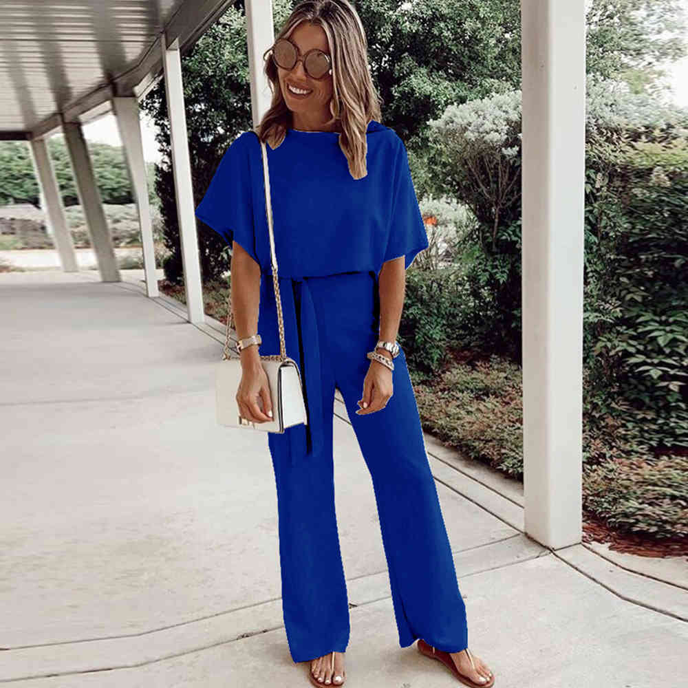 Women Jumpsuit Casual O Neck Short Sleeve Playsuit Elegant Office Lady Wide Leg Overalls Female With Belt Bodysuit Loose Rompers 210522