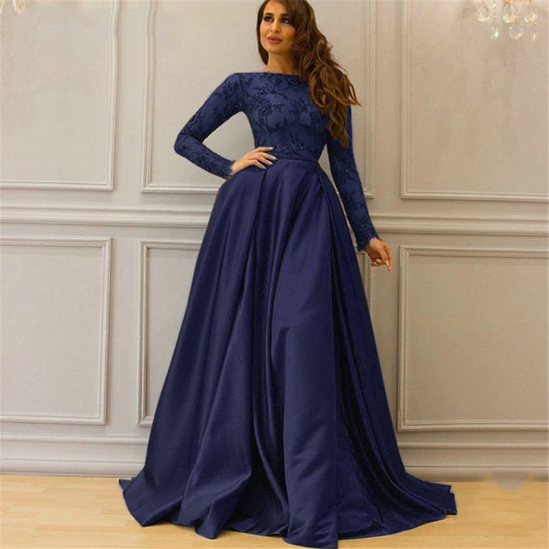 Burgundy Muslim Satin Evening Dresses With Long Sleeve Jewel Neck Appliques Lace Prom Dress Dubai Formal Occasion Gowns Saudi Arabic Plus Size Vestido