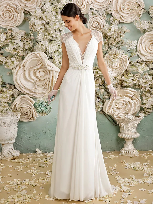 Wedding Dress 2022 Bridal Gown V Neck Sweep Train Chiffon Sheer Lace Short Sleeve Beads Casual Vintage See-Through Plus Size Vestido De Noiva Robe Mar
