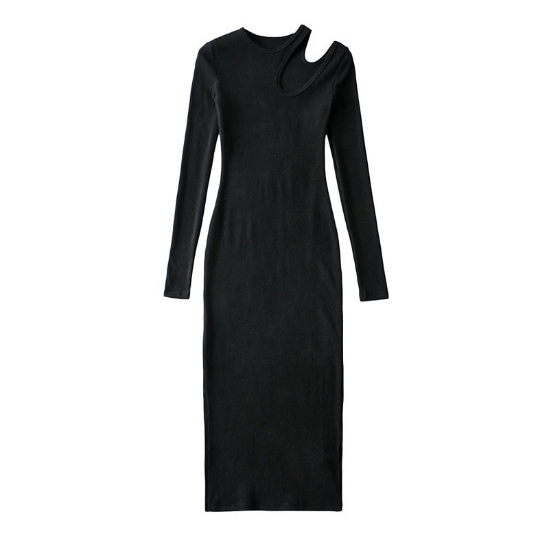 Long Sleeve Slit Cutout Round Neck Pullover Women's Dress Vintage Threaded Slim Hip-Knit Bottom Skirt Chic Female Dresses 210507