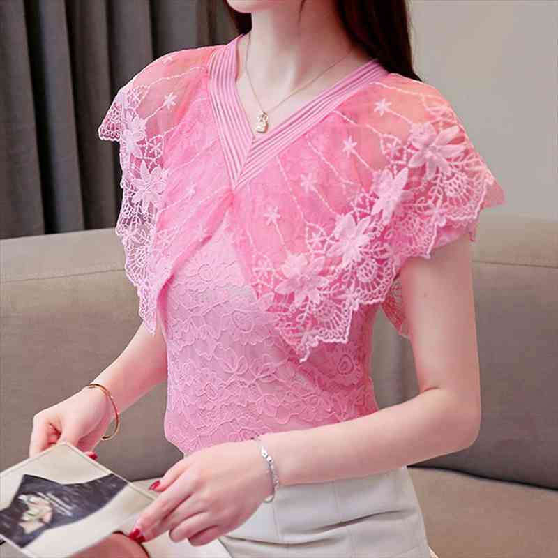 Women Tops Blouses Lace Short-sleeved Womens Chiffon Blouses Sexy Hollow Out Pink Embroidered V-neck Female Shirt 680f, White
Women Tops Blouses Lace Short-sleeved Womens Chiffon Blouses Sexy Hollow Out Pink Embroidered V-neck Female Shirt 680f, White