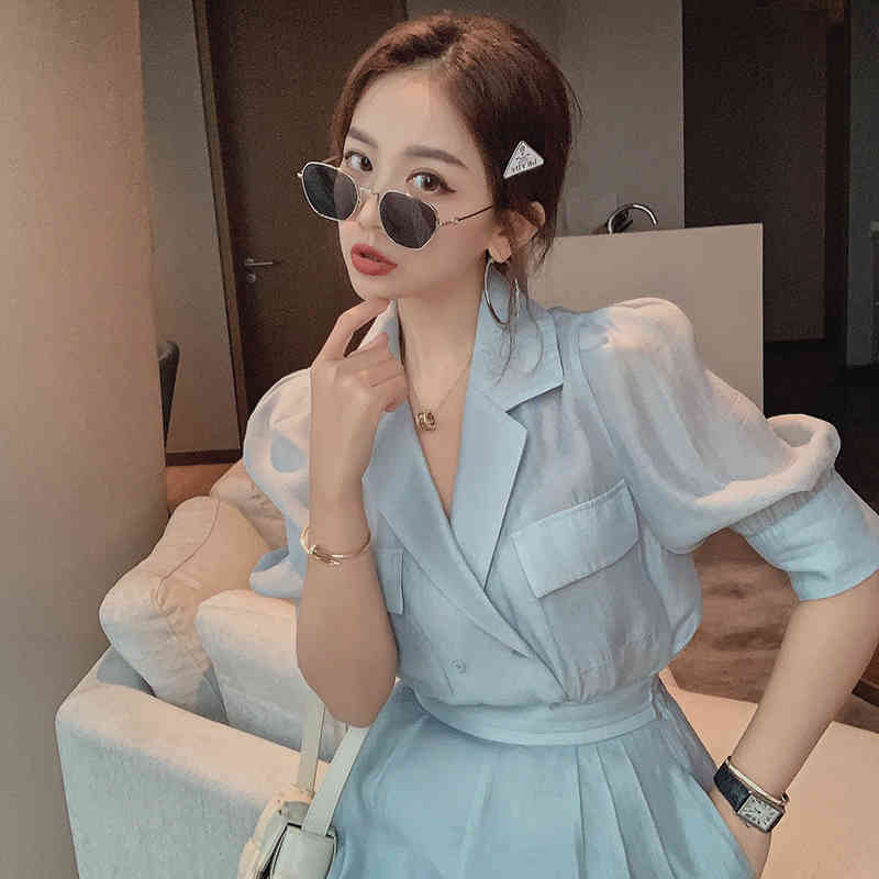 Korea Two Piece Sets Women Solid Color Lapel Puff Sleeve Blouse Top + Mini Pant Suits Summer Fashion OL Clothing Suit 210518