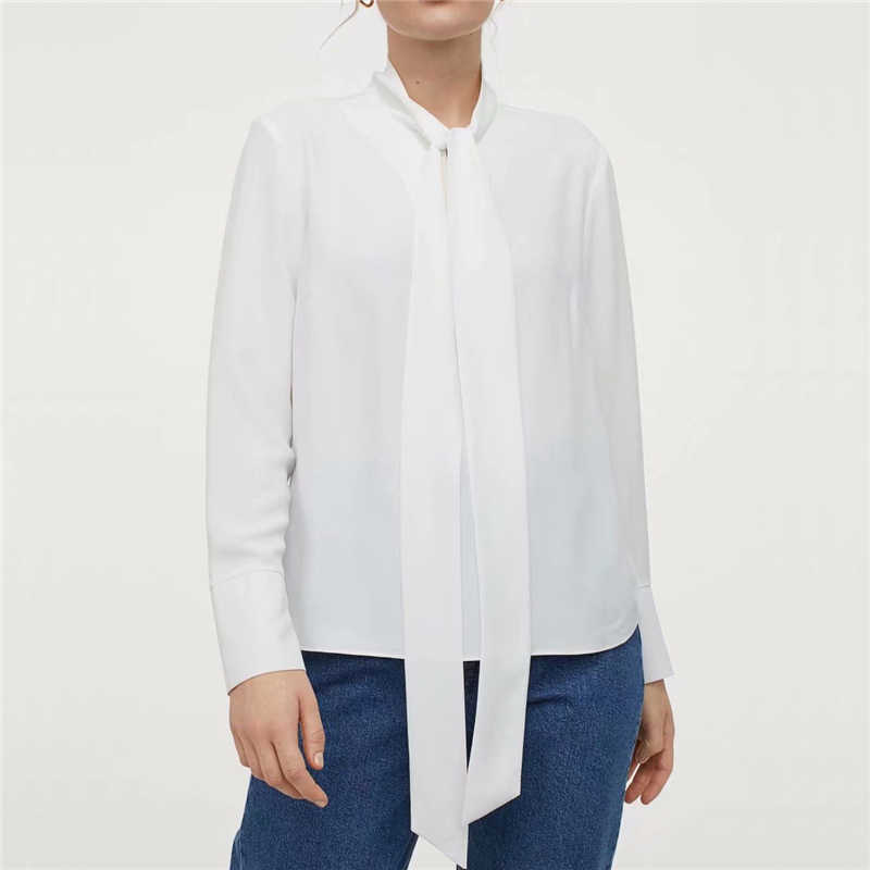 Elegant Women White Bow Collar Shirts Fashion Ladies Solid Chiffon Tops Sweet Female Chic Polyester Loose Blouses 210527