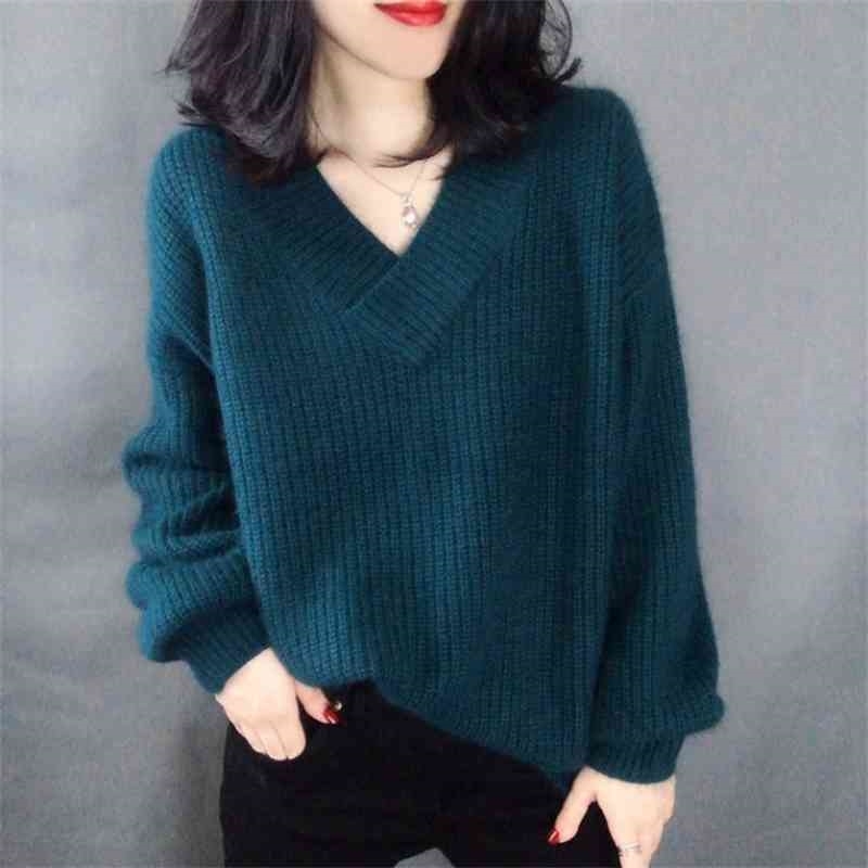Korean Style Winter Clothes Women V-Neck Long Sleeve Casual Loose Pullover Ladies Autumn White Knitted Femme Chandails 210604