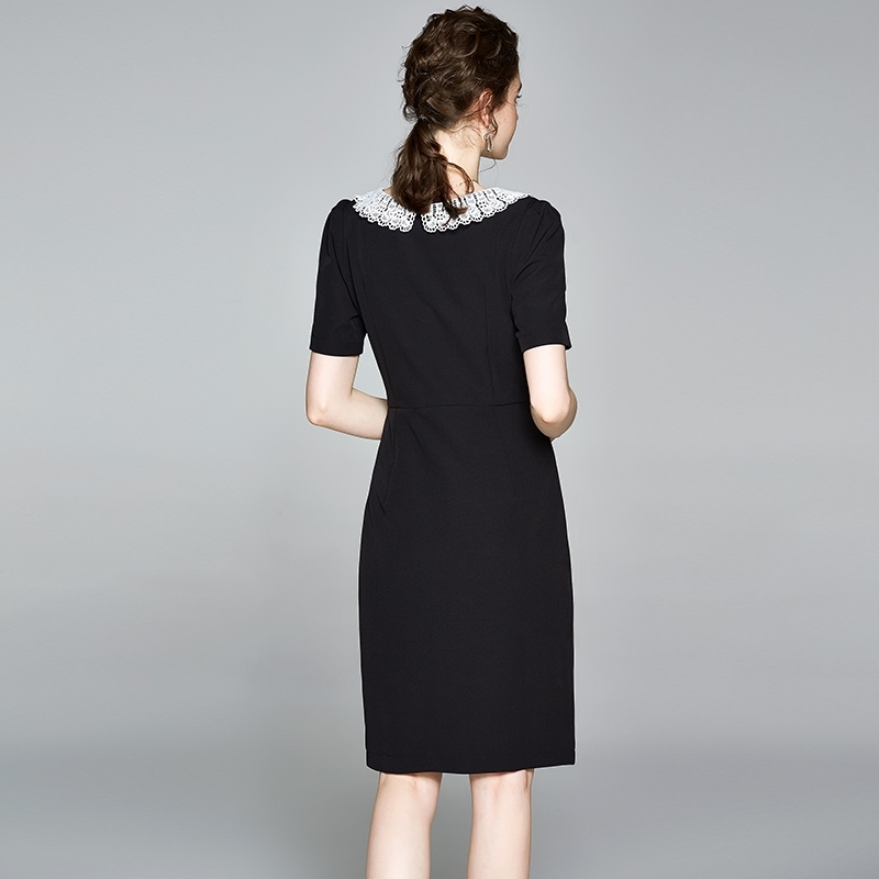 Summer Elegant Black Office Chic Dress Women Short Sleeve Pearl Diamond Single Breasted Package Hip Dresses Vestidos 210520